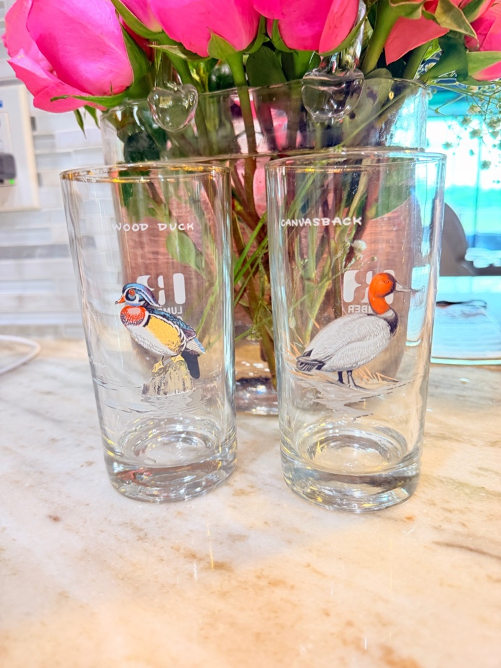 2 Vintage Ned Smith Pilsner Glasses Gold Rim Waterfowl Gamebirds Ducks.
